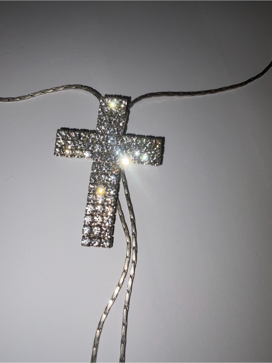 Jewelry - Vintage Y2K Rhinestone Cross Lariat Bolo Necklace Silver Tone Heart Tips Pre2003